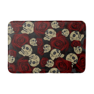 Tapete De Banheiro Rosas Vermelhas & Caveiras Cinza Preto Floral Góti
