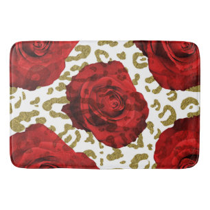 Tapete De Banheiro Rosas Vermelhas Guepardo Dourado Leopardo Estampa