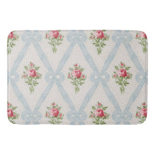 Tapete De Banheiro Rosas Vitorianas Rosa com Fita Azul