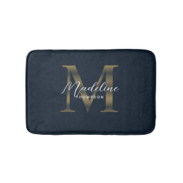 Tapete De Banheiro Rótulo Simples Metálico Azul Naval Dourado Monogra