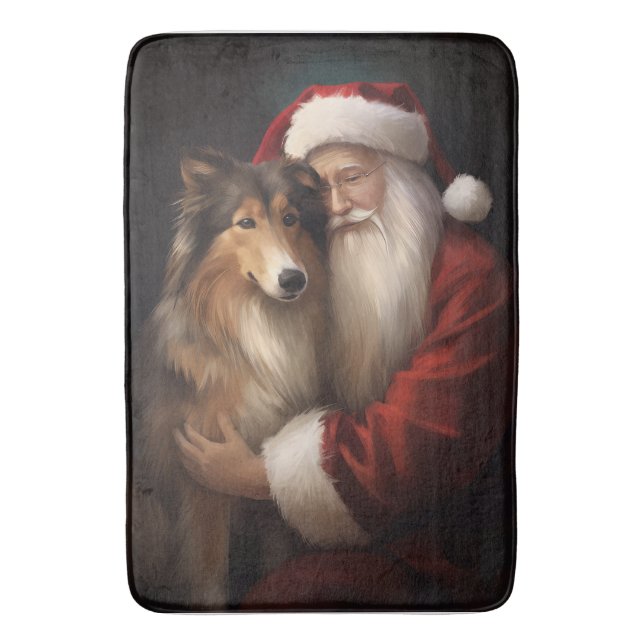 Tapete De Banheiro Rough Collie com Papai Noel Natal Festivo (Frente Vertical)