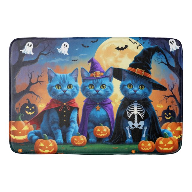 Tapete De Banheiro Russo Blue Cats Pumpkin Halloween Engraçado (Frente)