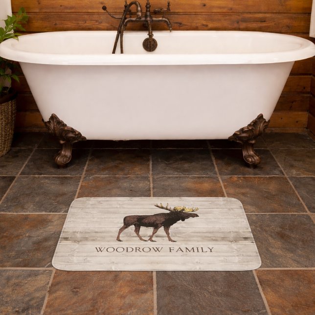 Tapete De Banheiro Rustic Wood Moose Family Name Shower Curtain (Criador carregado)