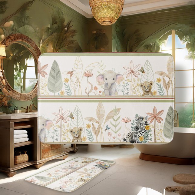 Tapete De Banheiro Safari Jungle Foliage Lion Zebra Elephine Boy (Criador carregado)