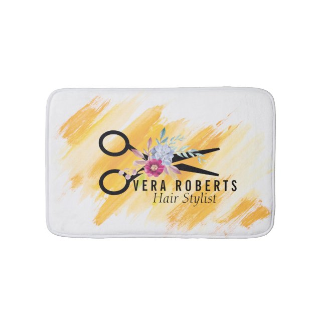 Tapete De Banheiro Salão Dourado de Tesoura e Bela com Cabelo Floral (frente)