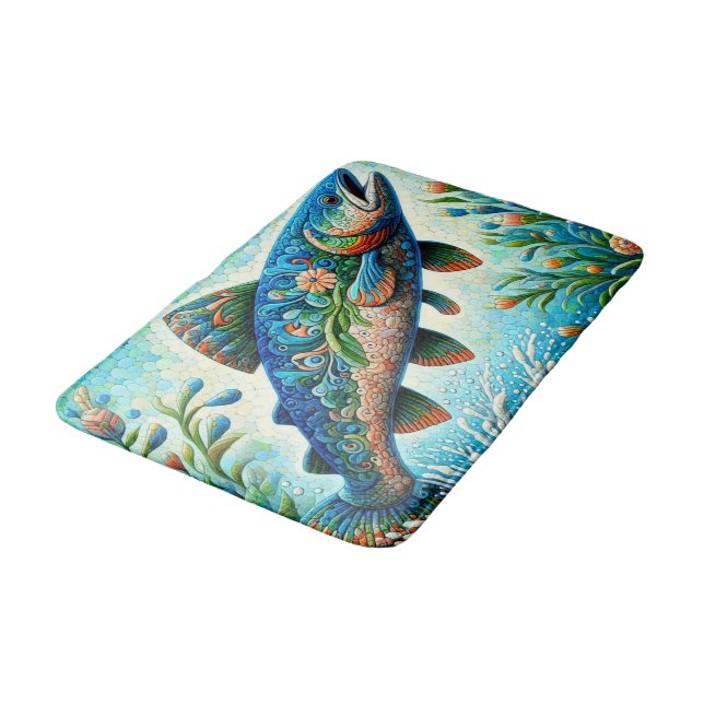 Tapete De Banheiro Salmão Jumping Mosaico Floral Azul Pêssego Verde (Angulado)