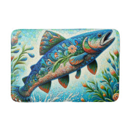 Tapete De Banheiro Salmão Jumping Mosaico Floral Azul Pêssego Verde