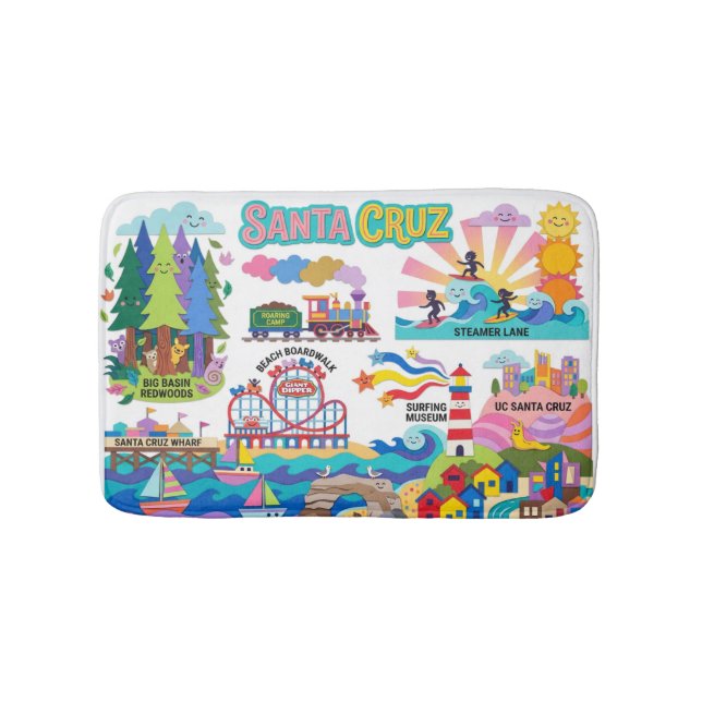 Tapete De Banheiro Santa Cruz Illustrated Map Boardwalk Beach Surfing (frente)