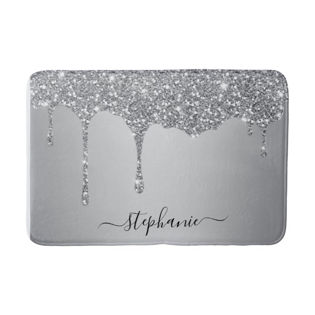 Tapete De Banheiro Script Personalizado Nome Silver Glitter Drives Lu (Frente)