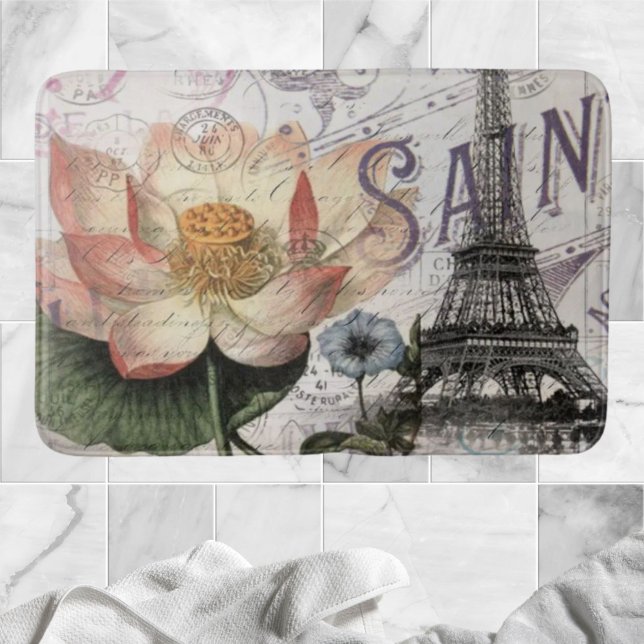 Tapete De Banheiro scripts (torre de eiffel) botânico francês lotus p (scripts french botanical lotus paris eiffel tower bath mat)