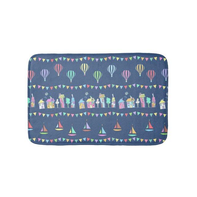 Tapete De Banheiro Seaside Town Sail Boats and Bunting Pattern Blue (frente)