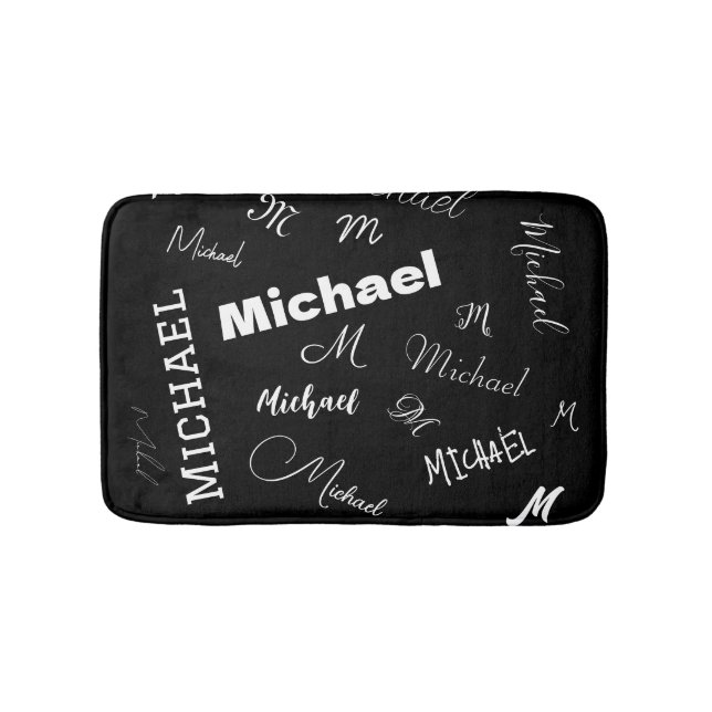 Tapete De Banheiro Seu nome e padrão personalizado de monograma preto (frente)