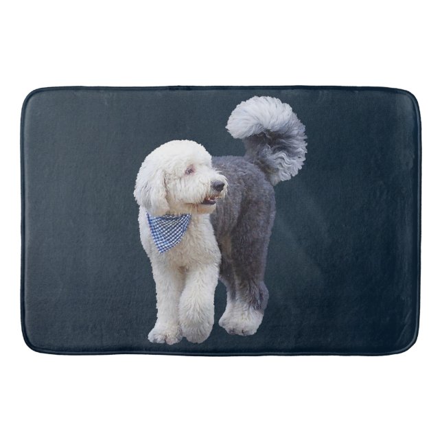 Tapete De Banheiro Sheepadoodle Com Cachecol Xadrez Azul (Frente)