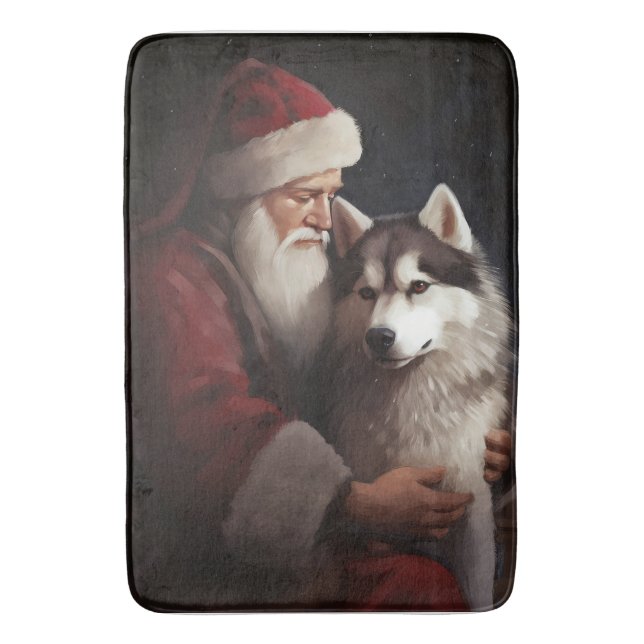 Tapete De Banheiro Siberian Husky com Papai Noel Natal Festivo (Frente Vertical)
