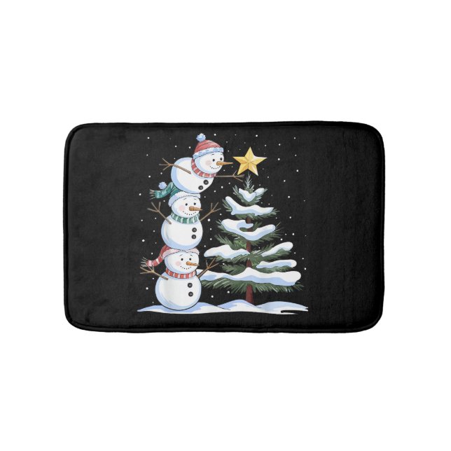 Tapete De Banheiro Snowman Merry Christmas Santa Claus Tree Snow Fami (frente)