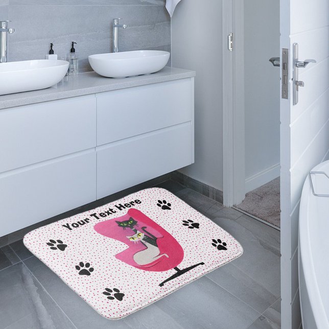 Tapete De Banheiro Sophisticated Cats in Pink Chair Diamonds Dots (Two cats in mid century style pink chair paw prints polka dots on white bath mat.)