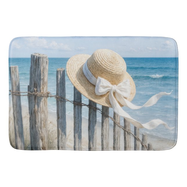 Tapete De Banheiro Summer Straw Hat On Beach Fence (Frente)