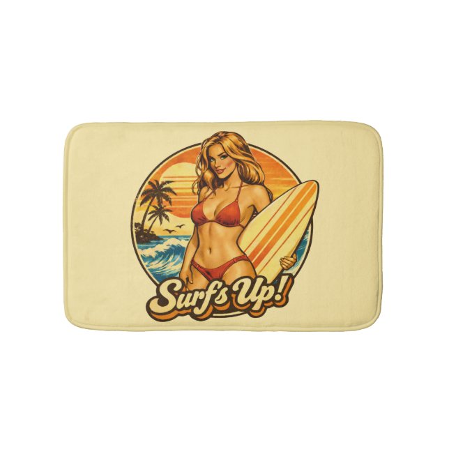 Tapete De Banheiro Surf's Up Bikini Pin-Up | Retro Surf Shop Graphic (frente)