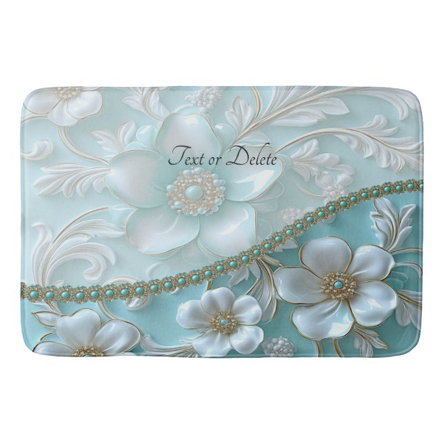 Tapete De Banheiro Teal White Floral Mat (Frente)
