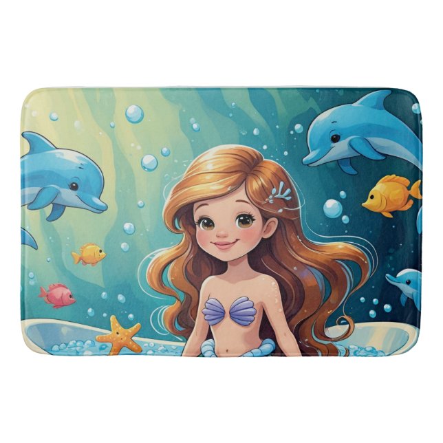 Tapete De Banheiro Tempo de Banho de Sereia Mágica com Golfinhos (Frente)
