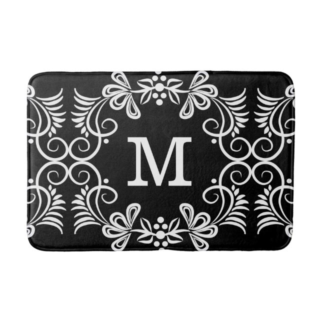 Tapete De Banheiro Teste padrão floral preto e branco monogrammed (Frente)