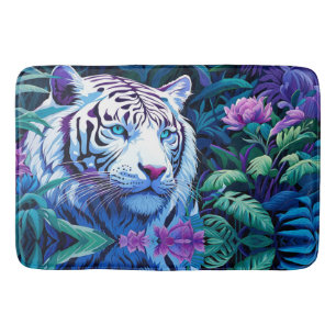 Tapete De Banheiro Tigre branco em flores roxas