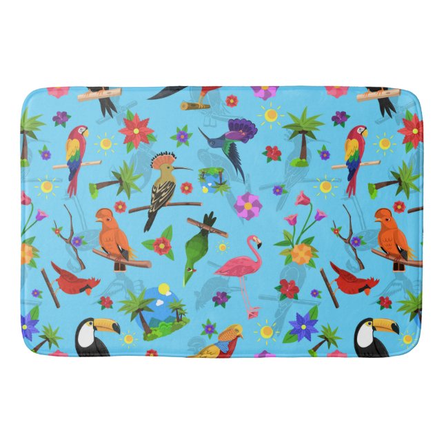 Tapete De Banheiro Toucan Flamingo E Arara - Padrão De Aves Sem Costu (Frente)