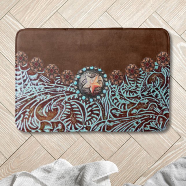 Tapete De Banheiro Turquesa russa marrom padrão do país ocidental (Rustic brown turquoise western country pattern bath mat)
