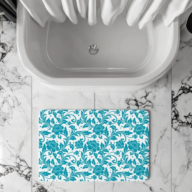Tapete De Banheiro Turquoise and White Floral Damask Pattern (Criador carregado)