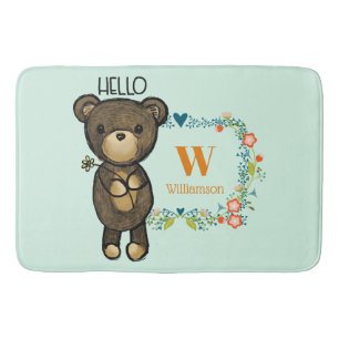 Tapete De Banheiro Urso bonito, flor amarela & monograma floral da