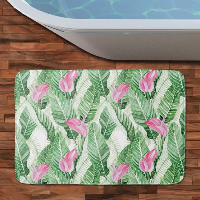 Tapete De Banheiro Verde-Flor Rosa Tropical (Tropical Pink Floral Greenery Bath Mat - 3 sizes available)
