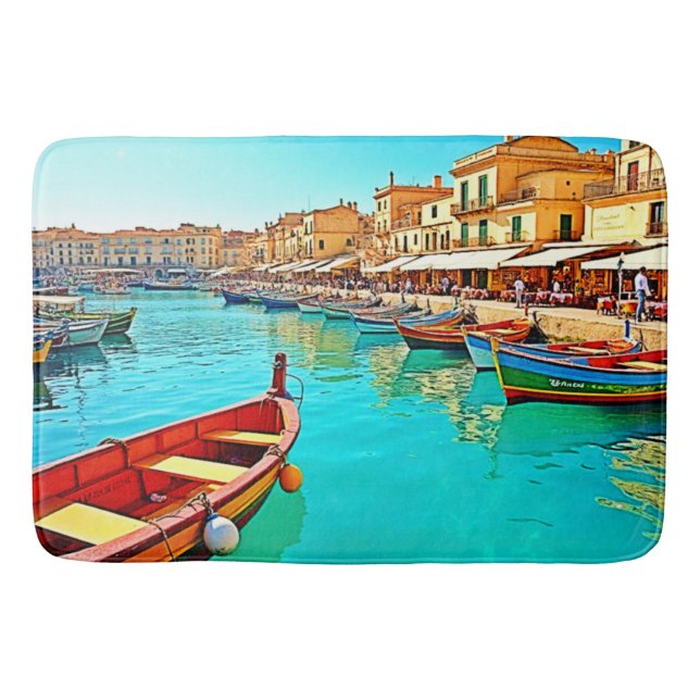 Tapete De Banheiro Vibrant Mediterranean Port Life Design (Frente)