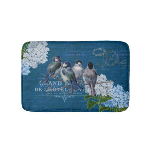 Tapete De Banheiro Vintage Blue Birds Flores Franceses Bath Mat