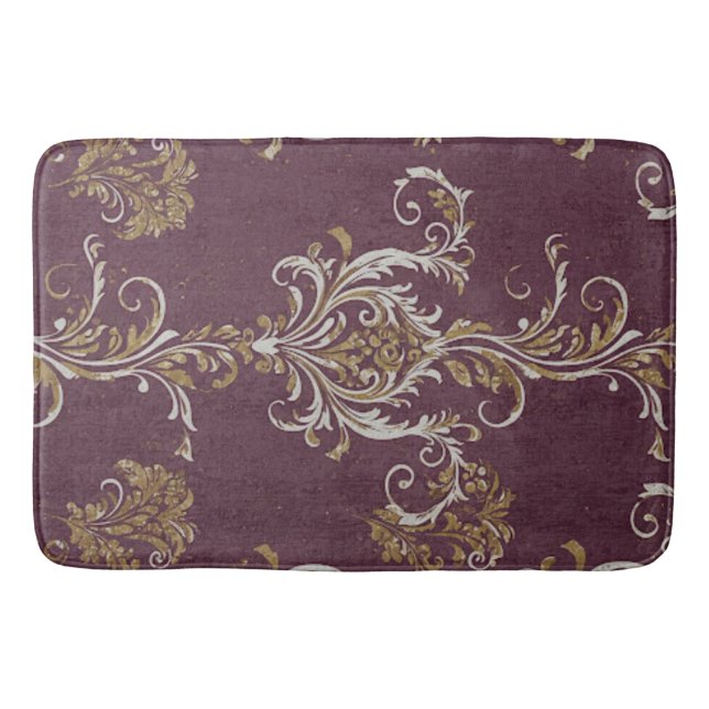 Tapete De Banheiro Vintage Burgundy e Dourado Damask (Frente)