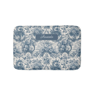 Tapete De Banheiro Vintage floral Toile de jouy monograma azul