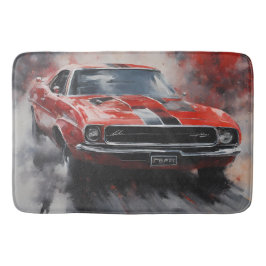 Tapete De Banheiro Vintage Red Muscle Car com faixa prateada