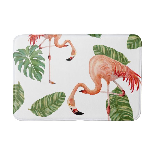 Tapete De Banheiro Watercolor Flamingo com Folhas Tropicais (Frente)
