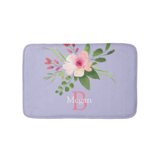 Tapete De Banheiro Watercolor Flower, Name & Monogram on Lavender