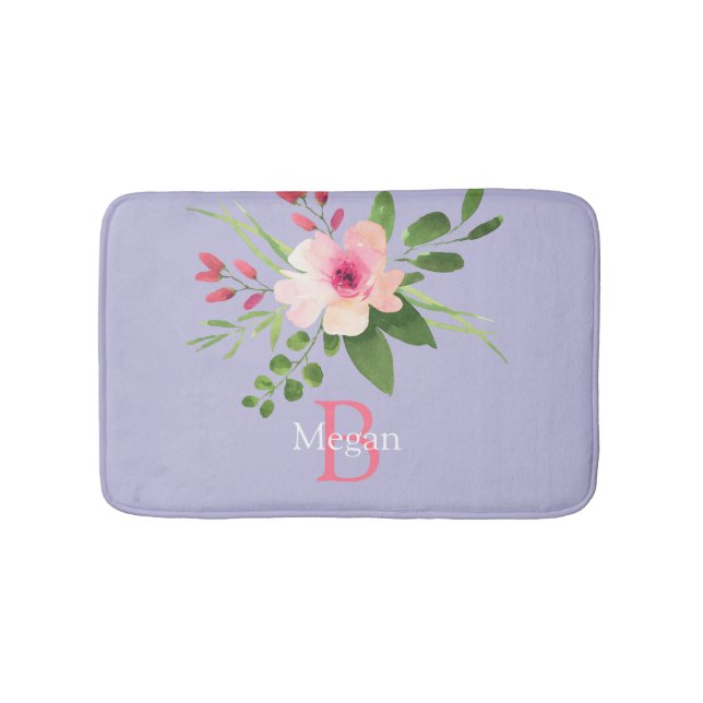 Tapete De Banheiro Watercolor Flower, Name & Monogram on Lavender (frente)