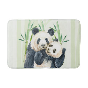 Tapete De Banheiro Watercolor Panda Bears Mãe e Bebê em Bambu