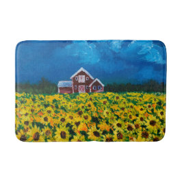 Tapete De Banheiro western country red barn summer sunflower field