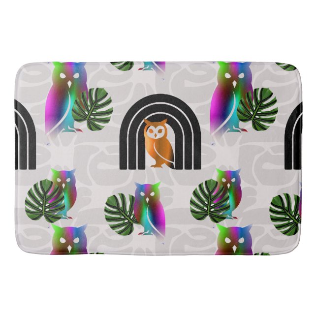 Tapete De Banheiro Whimsical Boho Owl & Tropical Monstera Leaf (Frente)