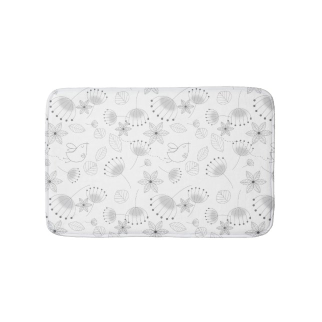 Tapete De Banheiro Whimsical Cute Floral and Bird Pattern on White (frente)