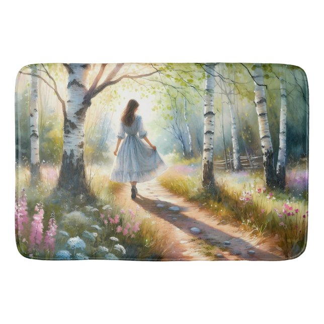 Tapete De Banheiro Whimsical Girl Dancing Through Birch Forest (Frente)