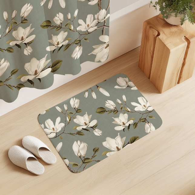 Tapete De Banheiro White Magnolia Grove Laurel Green Elegant Floral  (Criador carregado)