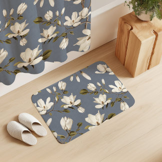 Tapete De Banheiro White Magnolia Grove on Slate Blue Elegant Floral 