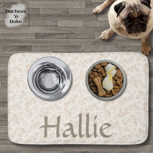 Tapete De Banheiro Wildflower Botanical Print Absorbent Pet Mat (Dog Placemat with food and water bowls personalized with name and ivory botanical design)