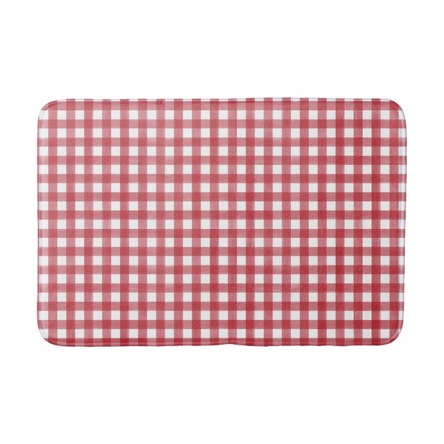 Tapete De Banheiro Xadrez Clássica Vermelha e Branca de Gingham Padrã (Frente)