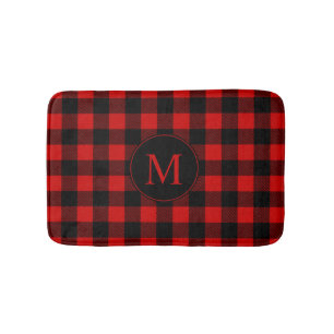 Tapete De Banheiro Xadrez de Buffalo Vermelho com Monograma Personali