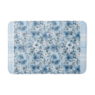 Tapete De Banheiro Xadrez Floral Azul e Branco